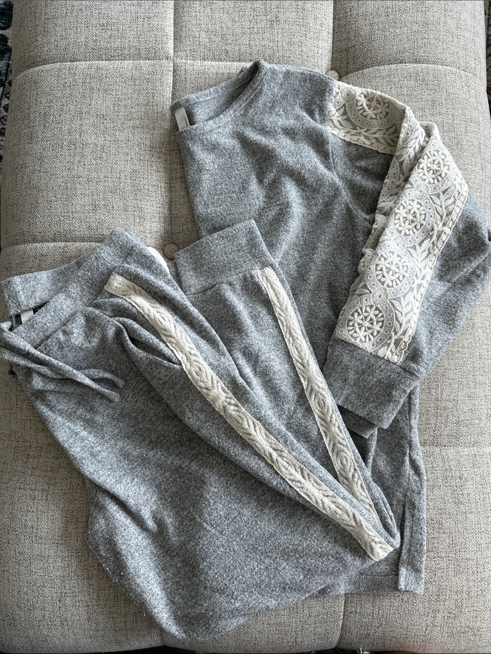 Gray Embroidered Lounge Set - Cozy Knit Top & Pants